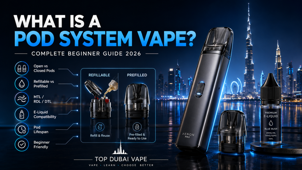 What is a pod system vape beginner guide showing refillable and prefilled pod systems, e-liquid compatibility, and pod features in Dubai.