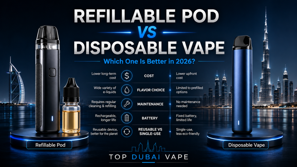 Refillable pod vs disposable vape comparison showing a reusable pod system and disposable vape with key differences in cost, flavor, and maintenance. Caption: