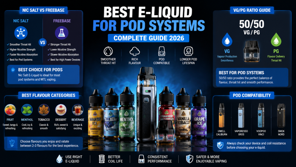 Best e liquid for pod systems showing a refillable pod device with e-liquid bottles, nicotine salt, VG/PG ratio, and flavour options.