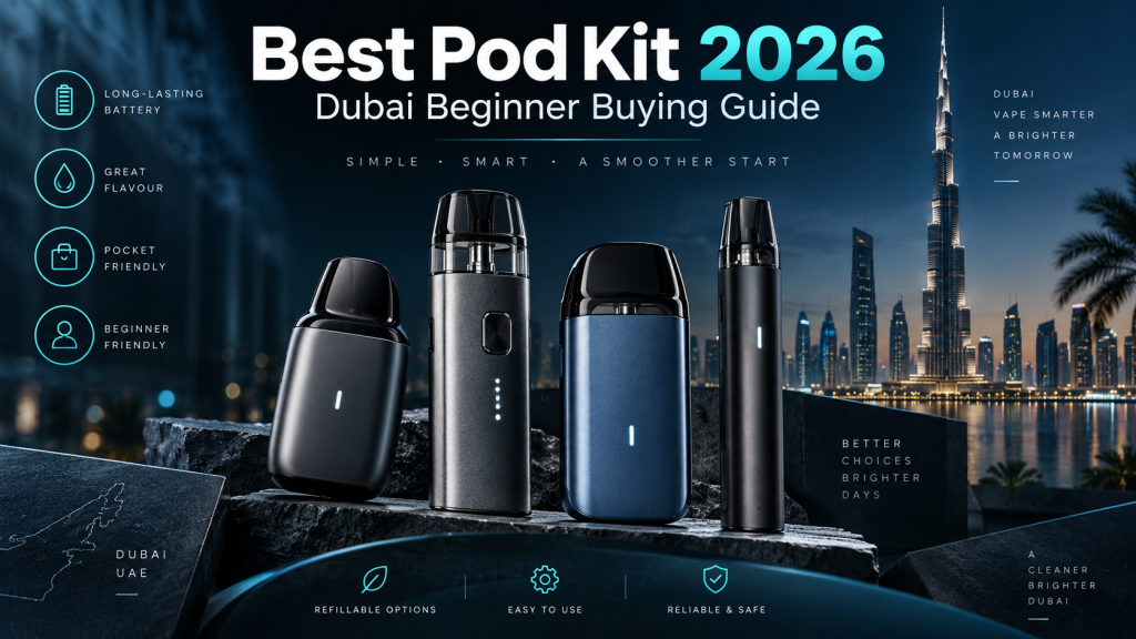 Best pod kit 2026 in Dubai featured image showing pod vape devices and beginner buying guide elements.