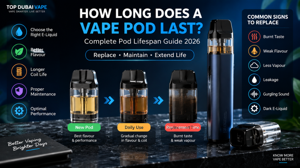 How long does a vape pod last showing a pod system with new and used vape pods, replacement signs, and lifespan guide information.