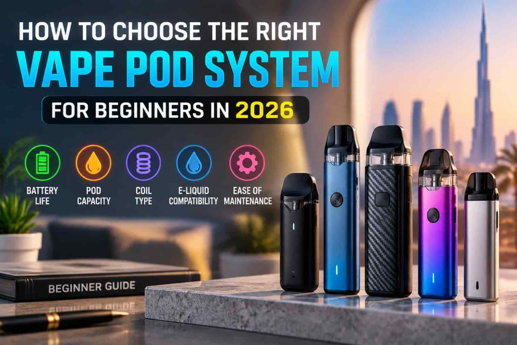 How to choose a vape pod system for beginners showing different pod devices with key features like battery life, pod capacity, coil type, e-liquid compatibility, and maintenance.