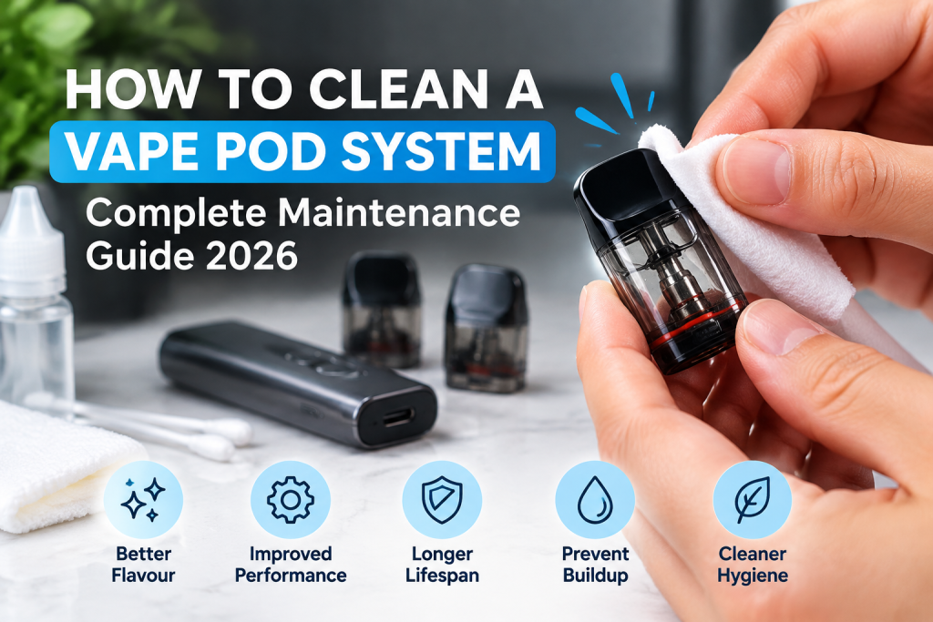 How to clean a vape pod system with hands cleaning a vape pod, showing maintenance steps for better flavour, improved performance, and longer device lifespan.