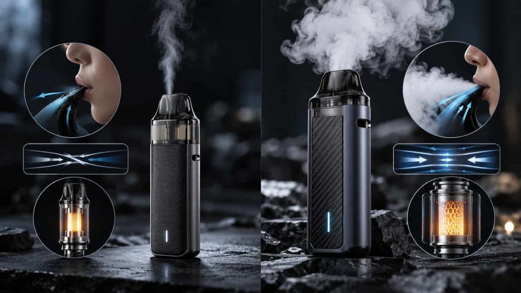 MTL vs RDL vape comparison showing two pod devices with different airflow styles, coil setups, and vapour production for beginner understanding in 2026.