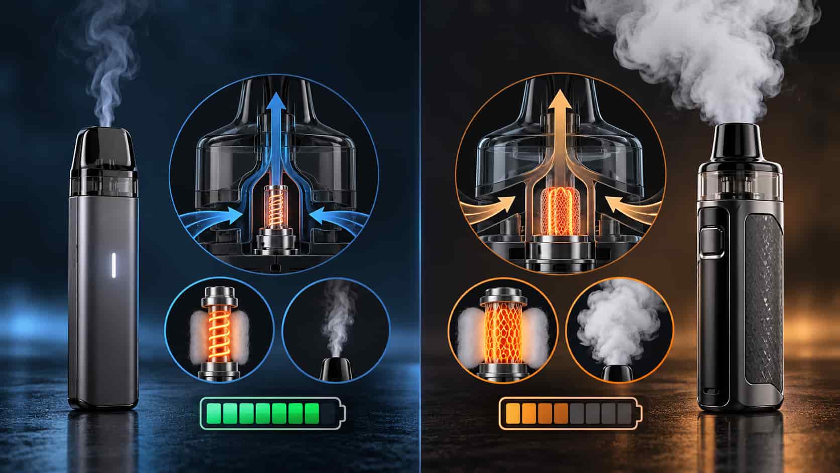 MTL vs RDL vape infographic showing two pod devices with airflow pathways, coil differences, vapour intensity, and battery usage comparison for beginners.