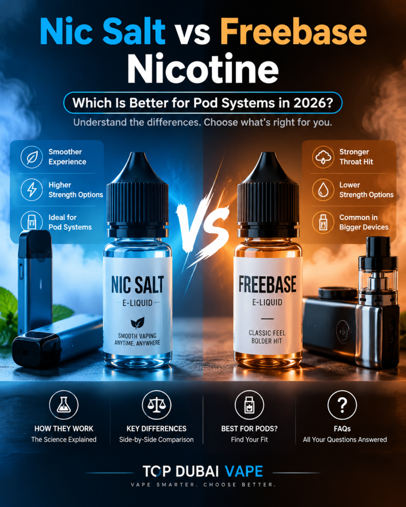 Nic salt vs freebase nicotine comparison showing nicotine types, pod system compatibility, throat hit differences, and vaping guide information.
