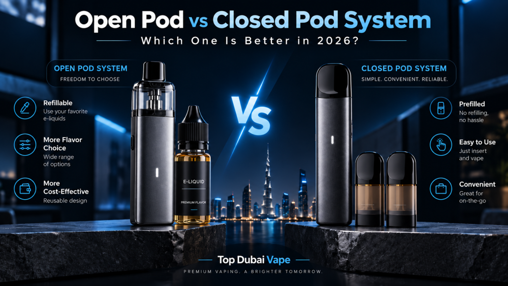Open pod vs closed pod system comparison showing a refillable pod device, prefilled pods, e-liquid bottle, and key differences between both vape systems.