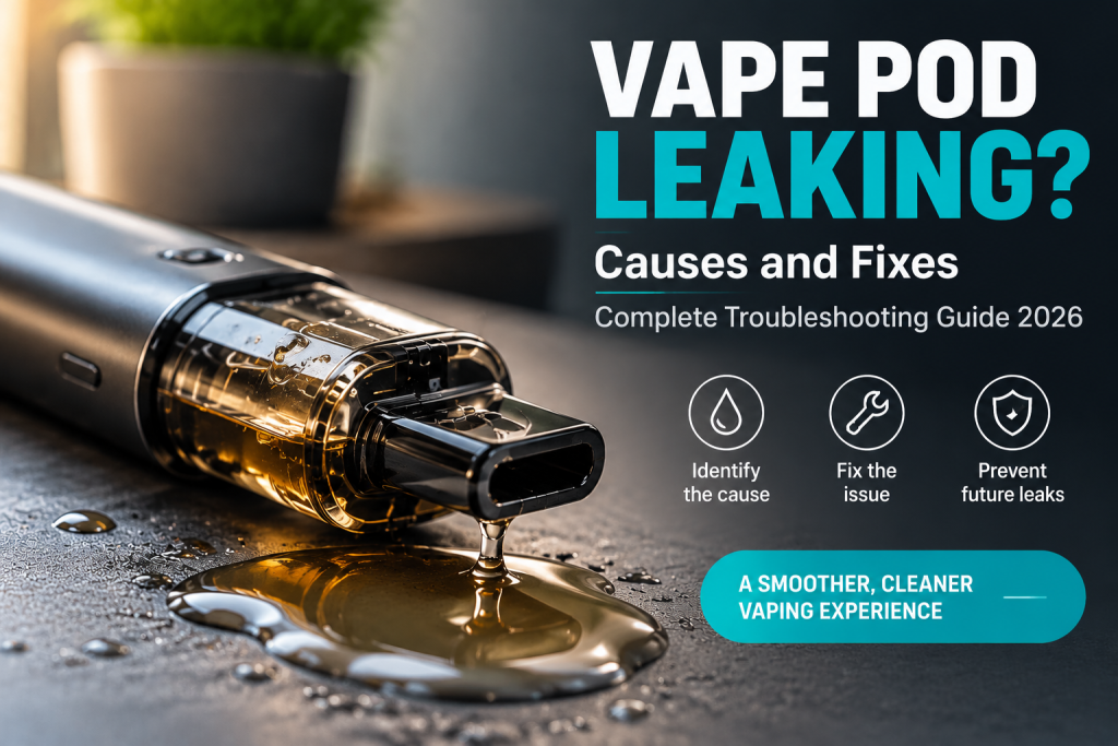 Vape pod leaking showing common causes and fixes with a troubleshooting guide for pod system users in 2026.