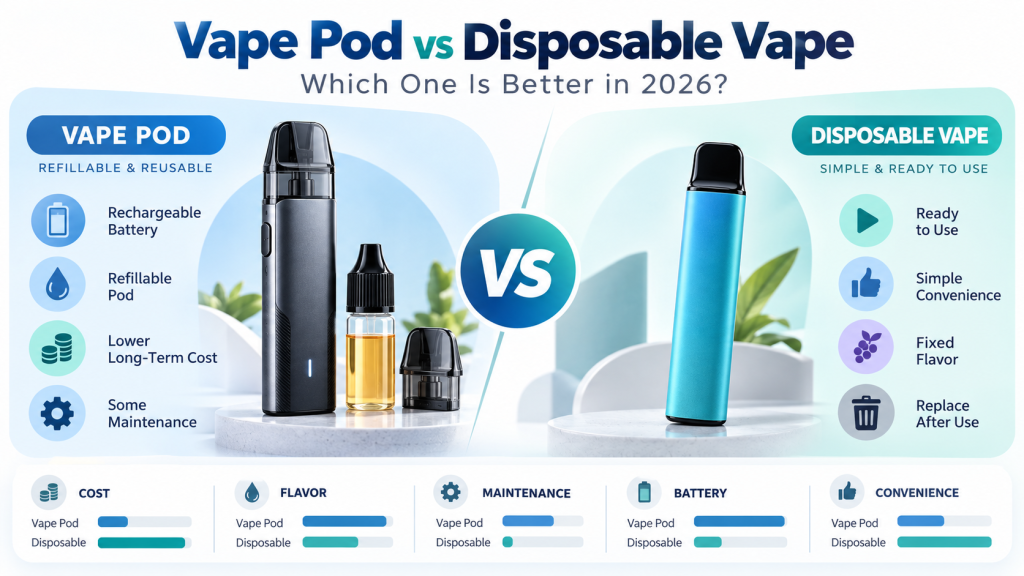 Vape pod vs disposable vape comparison showing differences in cost, flavour, maintenance, battery life, and convenience for 2026.