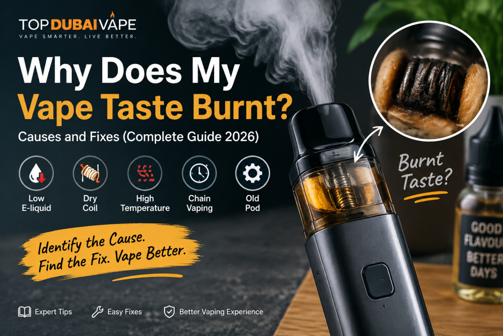 Why does my vape taste burnt infographic showing dry coil, low e-liquid, old pod, chain vaping, and common vape taste problems with fixes.