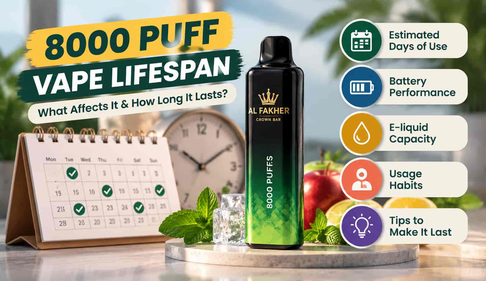 Factors affecting 8000 puff vape lifespan including battery performance, e-liquid capacity and usage habits