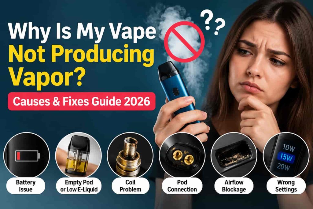Why is my vape not producing vapor showing common causes like battery issues, empty pod, coil problems, airflow blockage, pod connection, and incorrect settings.