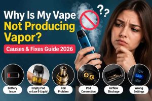 Why is my vape not producing vapor showing common causes like battery issues, empty pod, coil problems, airflow blockage, pod connection, and incorrect settings.