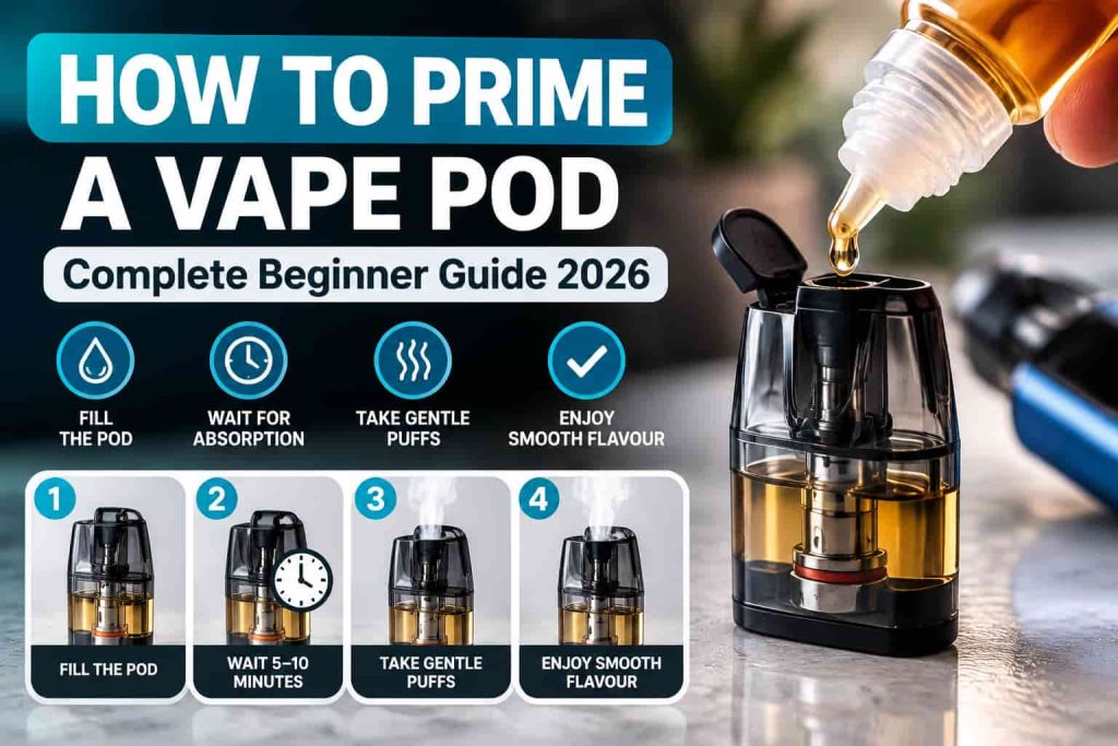 How to prime a vape pod step by step showing pod filling, e-liquid absorption, waiting time, and gentle first puffs for beginners in 2026.