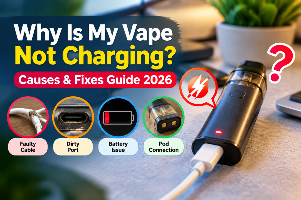 Why is my vape not charging showing common charging problems including faulty cable, dirty charging port, battery issues, and pod connection problems.